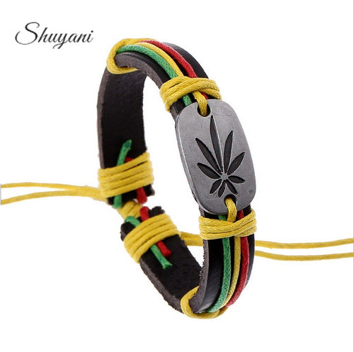 10pcs/lot Free Shipping Leisure Red Yellow Green Leaves The Jamaican Reggae Leather Bracelet Hip-Hop Hiphop Style Bracelet