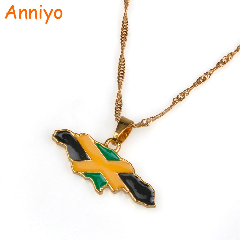 Anniyo Jamaica Map and National flag Pendant Necklaces Gold Color Jewelry Jamaican Gifts #080406